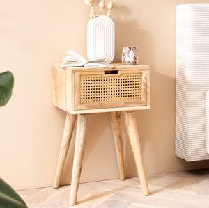 FB98155 FineBuy Nachtkonsole Mango Massivholz / Rattan 40x60x30 cm Nachttisch Braun, Nachtkommode Boxspringbett mit Schublade Wiener Geflecht, Nachtkästchen mit Stauraum