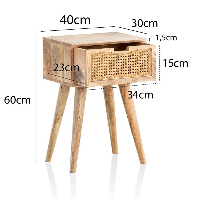 Nachtkonsole Massivholz Rattan & Schublade Nachttisch Boho Design Nachtkästchen – Maßzeichnung