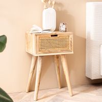 Nachtkonsole Massivholz Rattan & Schublade Nachttisch Boho Design Nachtkästchen – Ansicht 1