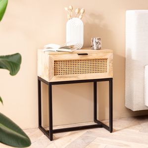 FB98156 FineBuy Nachtkonsole Mango Massivholz / Rattan 50x60x30 cm Nachttisch Braun, Nachtkommode Boxspringbett mit Schublade Wiener Geflecht, Nachtkästchen mit Stauraum & Metallgestell 4251757719431