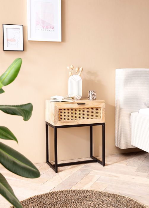 FineBuy Nachtkonsole Mango Massivholz / Rattan 50x60x30 cm Nachttisch Braun, Nachtkommode Boxspringbett mit Schublade Wiener Geflecht, Nachtkästchen mit Stauraum & Metallgestell 4251757719431
