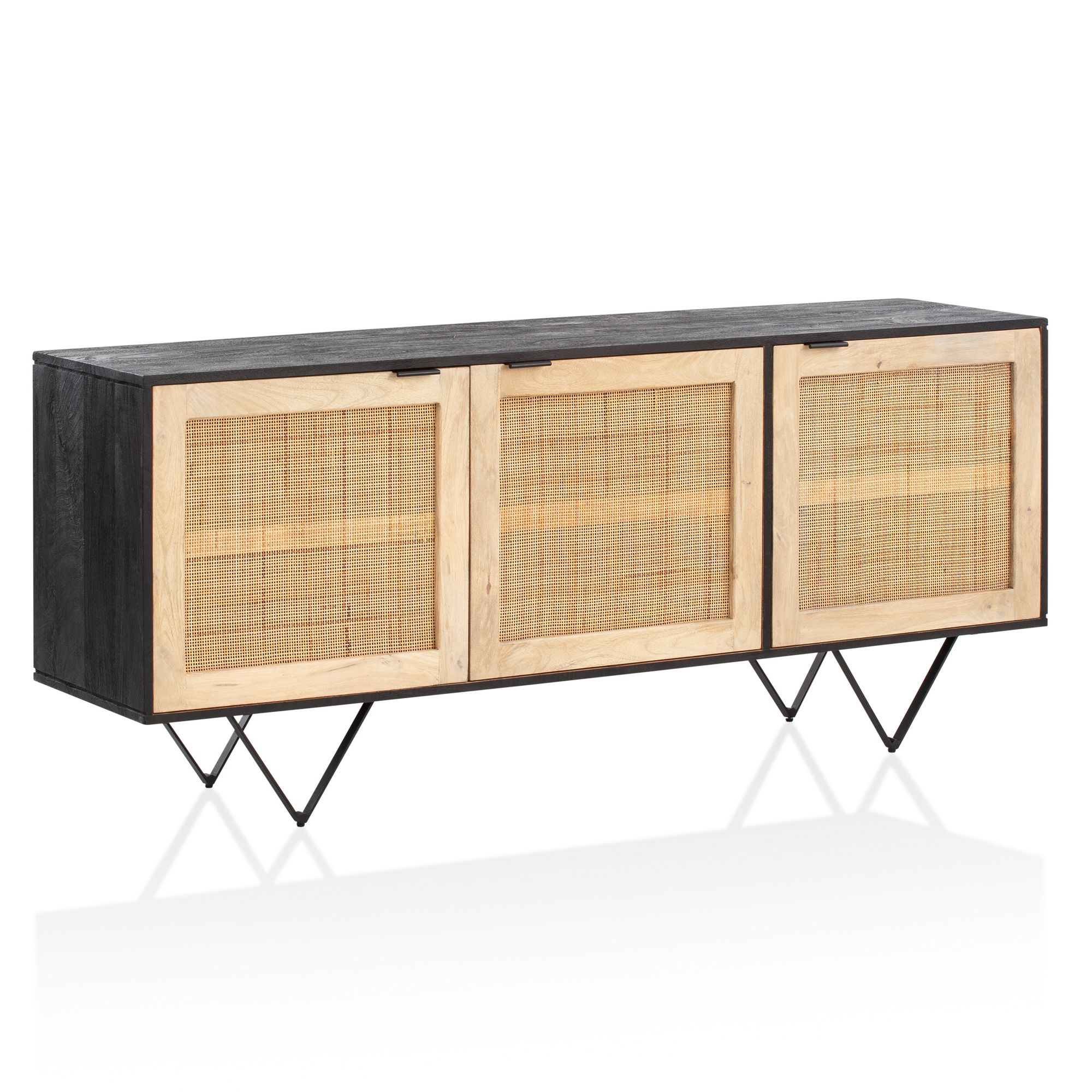 Massivholz Sideboard 175cm Mango Design Kommode mit 3 Rattan Wiener Geflecht Türen Schwarz – Ansicht 6
