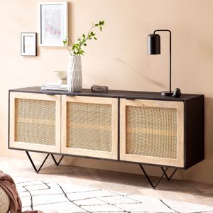 FineBuy Sideboard 175x75x45 cm Mango Massivholz / Rattan Kommode mit 3 Türen, Hoher Kommodenschrank Schwarz / Braun, Standschrank Wohnzimmer, Anrichte Rohrgeflecht 4251757719479