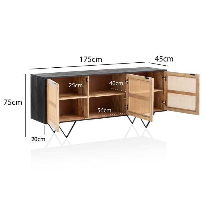 Massivholz Sideboard 175cm Mango Design Kommode mit 3 Rattan Wiener Geflecht Türen Schwarz – Maßzeichnung
