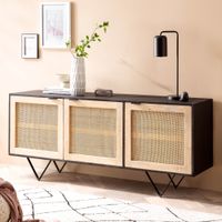 Massivholz Sideboard 175cm Mango Design Kommode mit 3 Rattan Wiener Geflecht Türen Schwarz – Ansicht 1