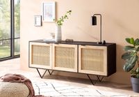 Massivholz Sideboard 175cm Mango Design Kommode mit 3 Rattan Wiener Geflecht Türen Schwarz – Ansicht 2