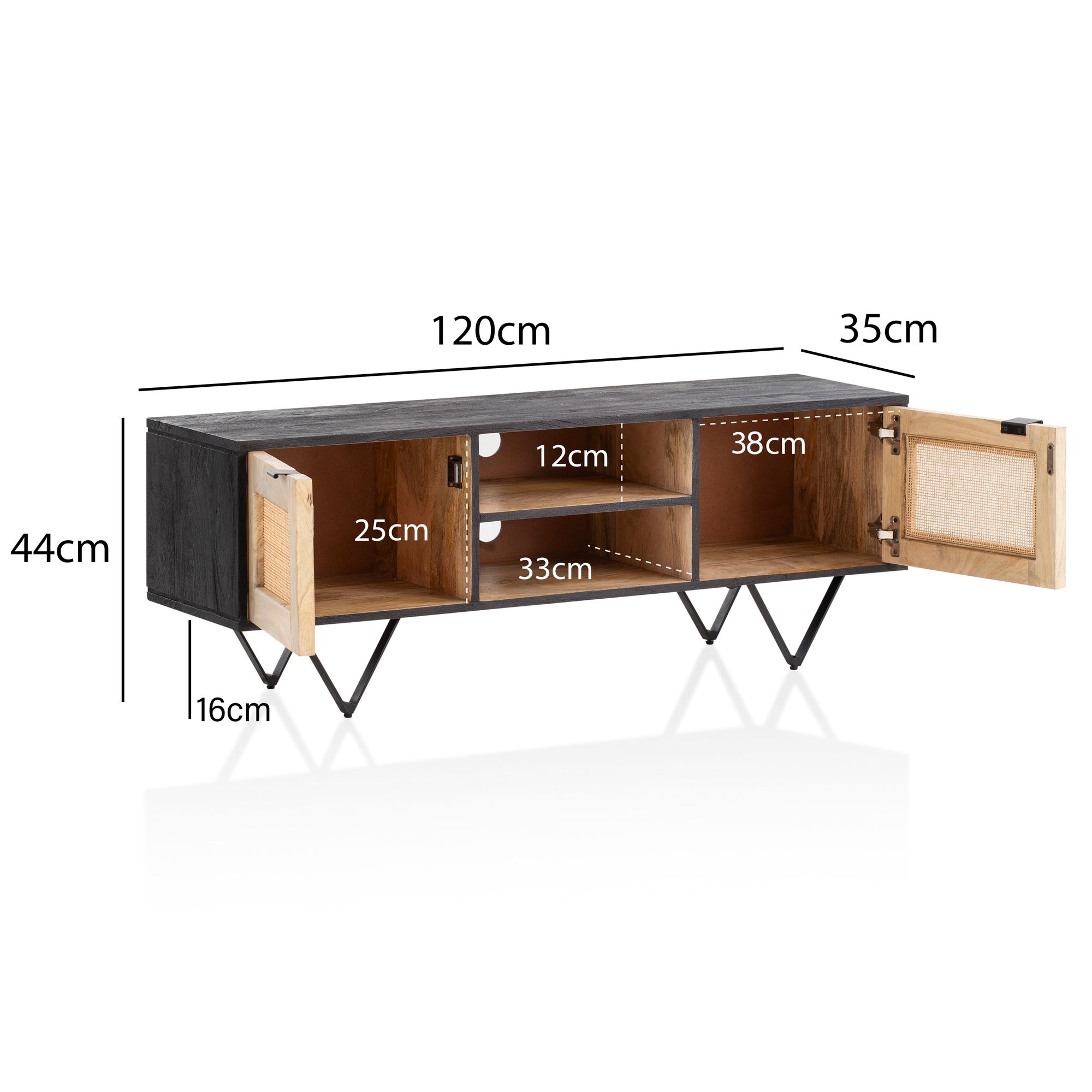 FineBuy Lowboard Mango Massivholz / Rattan 120x44x35 cm TV-Kommode mit zwei Türen, Design TV-Schrank mit Kabeldurchlass, Fernsehtisch Fernsehschrank Modern, Fernsehkommode Wohnzimmer | Farbe: Schwarz