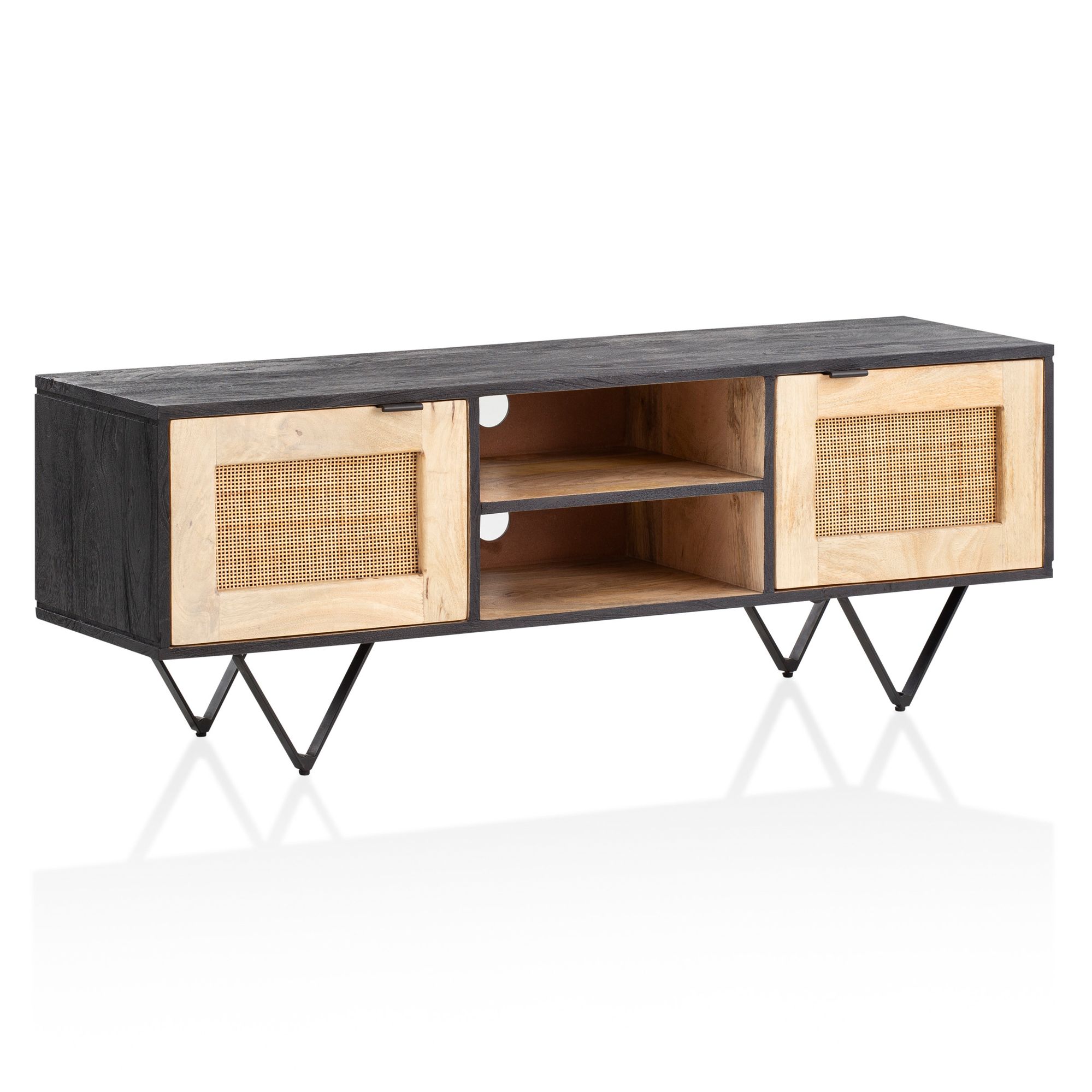 FineBuy Lowboard Mango Massivholz / Rattan 120x44x35 cm TV-Kommode mit zwei Türen, Design TV-Schrank mit Kabeldurchlass, Fernsehtisch Fernsehschrank Modern, Fernsehkommode Wohnzimmer | Farbe: Schwarz
