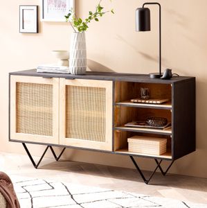 FineBuy Sideboard 145x75x40 cm Mango Massivholz / Rattan Kommode mit 2 Türen, Hoher Kommodenschrank Schwarz / Braun, Standschrank Wohnzimmer mit Regal, Anrichte Rohrgeflecht 4251757719547