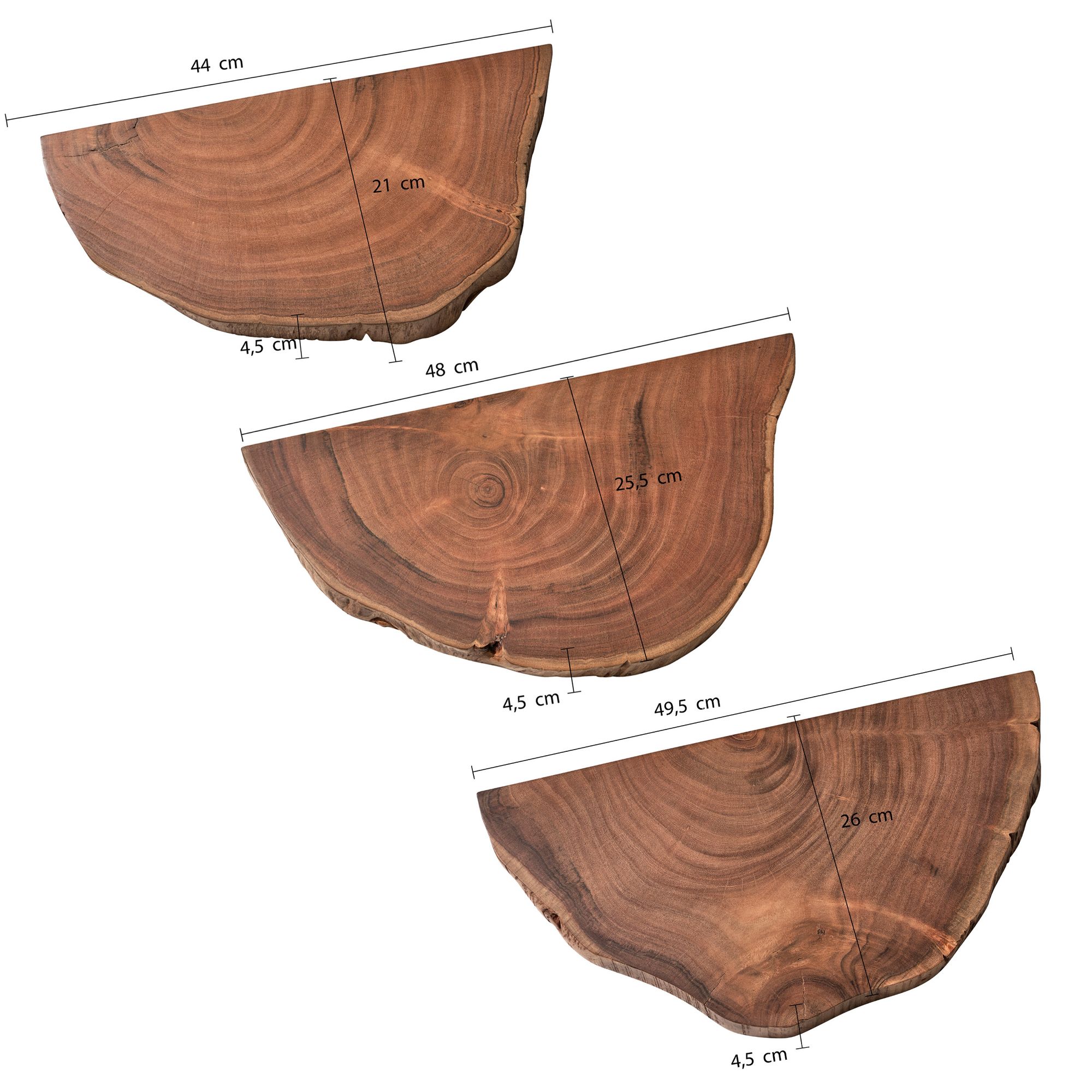 FineBuy Wandregal 3er Set Akazie Vollholz Hängeregal Baumscheibe, Natur Pflanzentreppe für die Wand, Schweberegal Hängend mit Baumkante, Blumentreppe Baumstamm Modern | Farbe: Braun