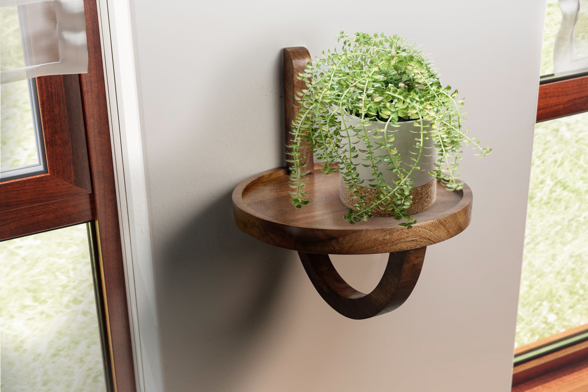 FineBuy Wandregal 30x33x30 cm Mango Massivholz Hängeregal Rund Modern, Design Nachttisch für die Wand, Regal Hängend, Akzentregal Wohnzimmer | Farbe: Braun