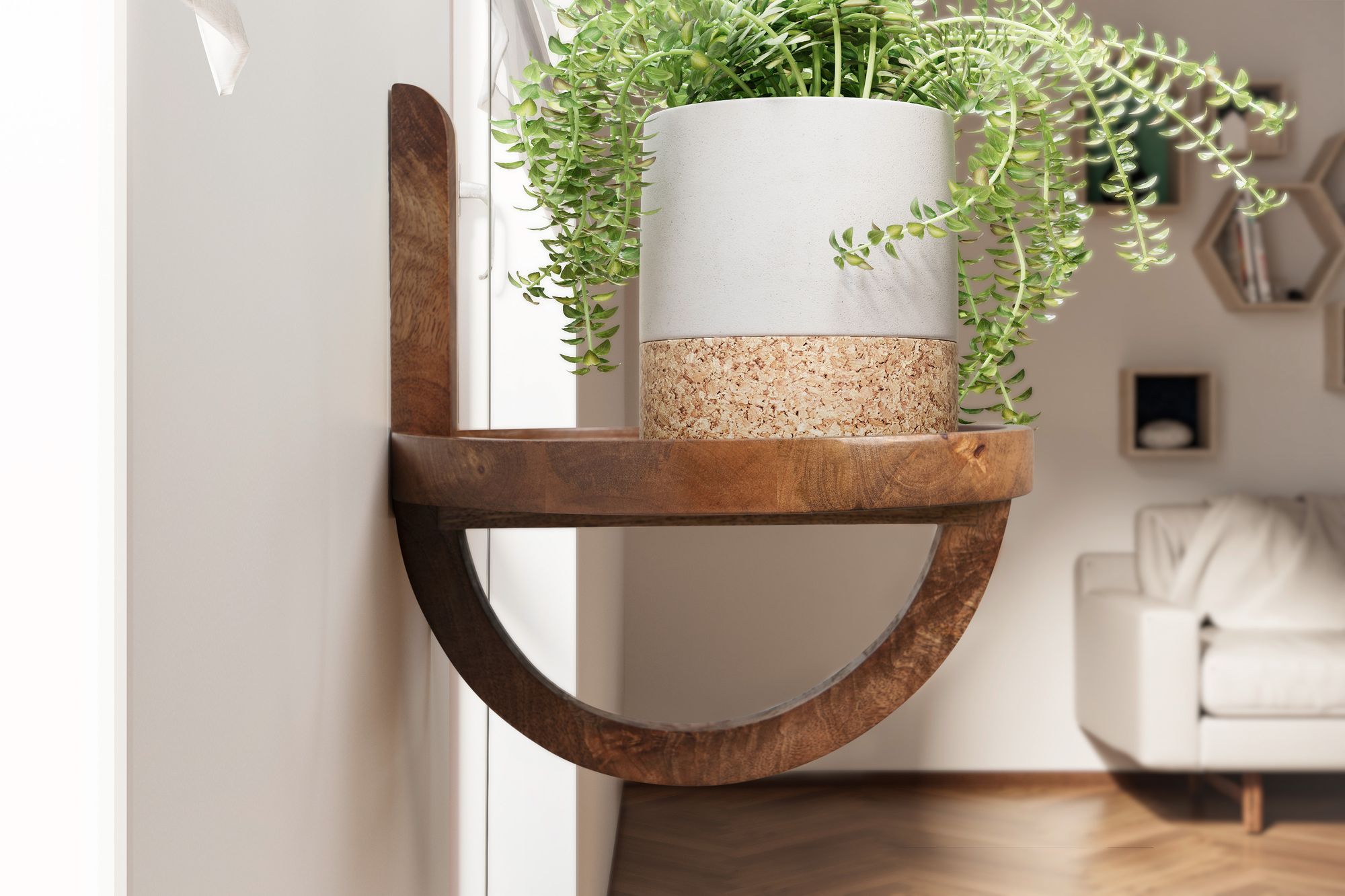 FineBuy Wandregal 30x33x30 cm Mango Massivholz Hängeregal Rund Modern, Design Nachttisch für die Wand, Regal Hängend, Akzentregal Wohnzimmer | Farbe: Braun