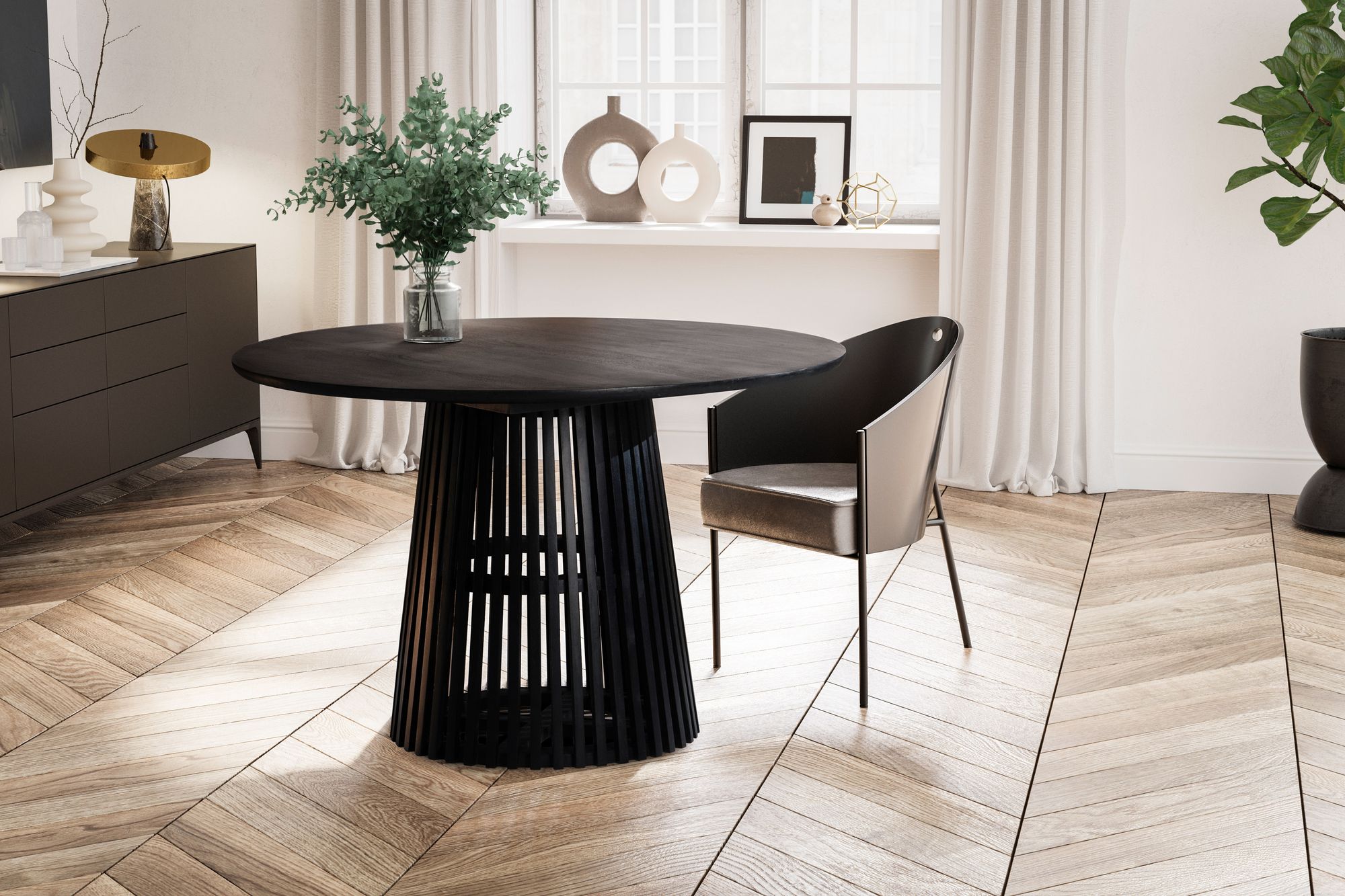 Esstisch rund Ø 120 Massivholz Schwarz Esszimmertisch Design Küchentisch massiv – Ansicht 2