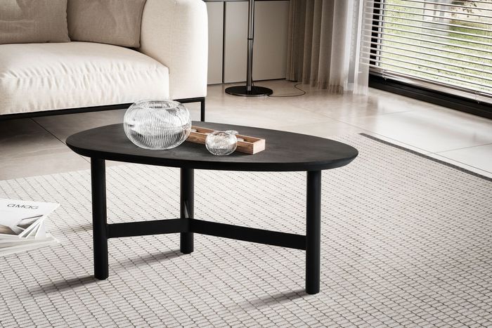 FineBuy Couchtisch 86x50x37 cm Mango Massivholz / Metall Schwarz Sofatisch, Design Wohnzimmertisch Nierenform, Dreibein Kaffeetisch Wohnzimmer Modern 4251757719646