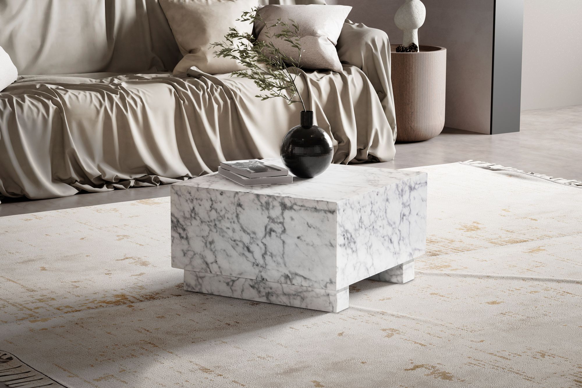 FineBuy Couchtisch MONOBLOC 60x60x35 cm Hochglanz mit Marmor Optik, Wohnzimmertisch Cube Quadratisch, Design Sofatisch, Lounge Kaffeetisch Würfel-Form | Farbe: Schwarz