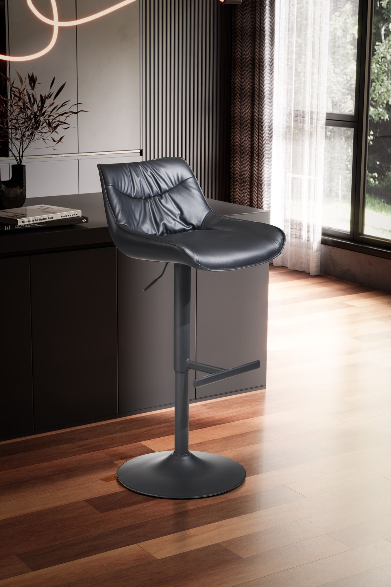 FineBuy Barhocker Kunstleder Schwarz Hocker mit Lehne 86 - 106 cm, Küchenhocker Höhenverstellbar Modern 100 kg, Design Barstuhl Tresenhocker mit Metall-Trompetenfuß, Bistrohocker Gepolstert | Farbe: Schwarz