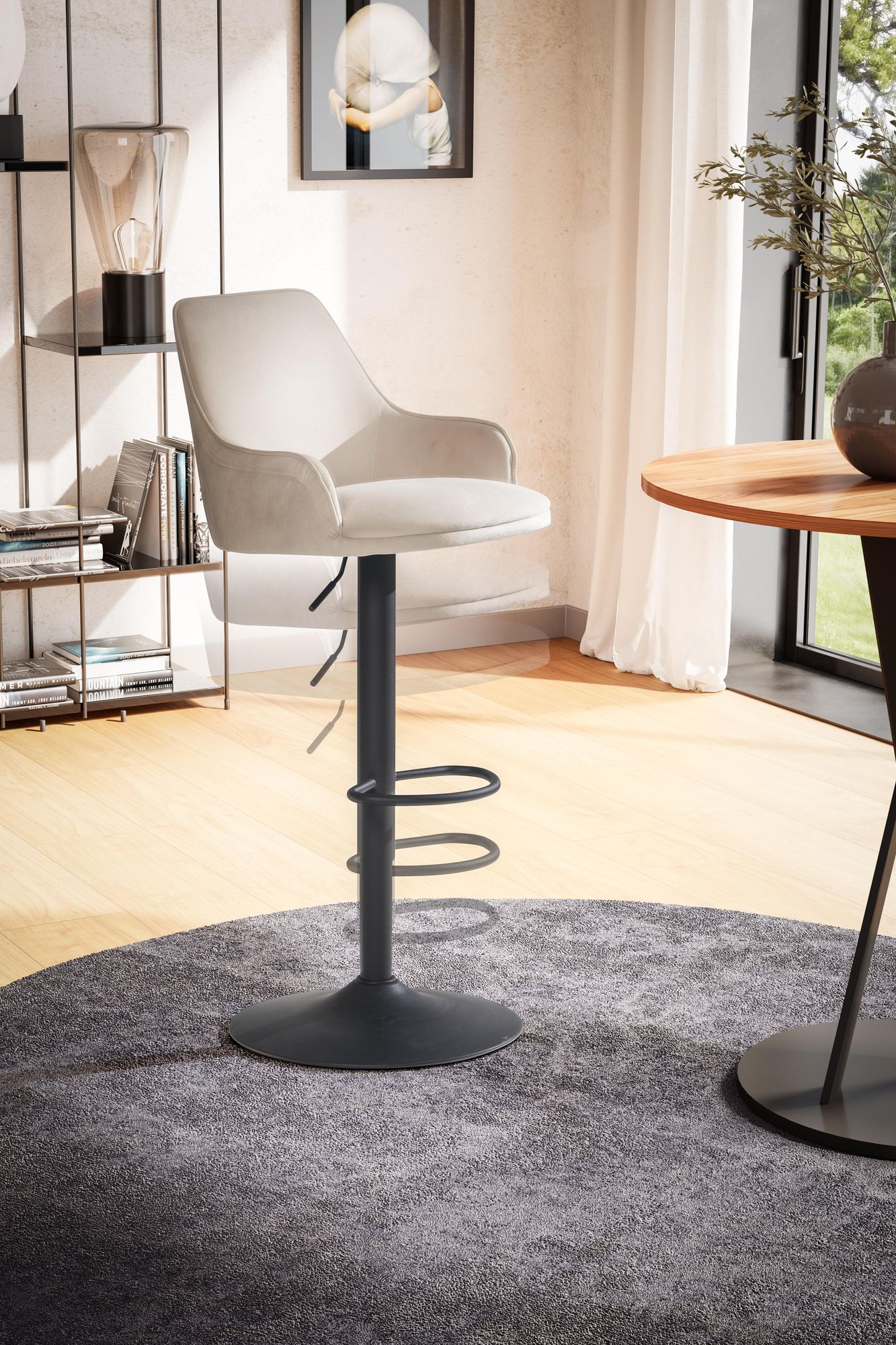 FineBuy Barhocker Samt Hocker mit Lehne 86 - 106 cm, Küchenhocker Höhenverstellbar Modern 100 kg, Barstuhl Tresenhocker mit Metall-Trompetenfuß, Bistrohocker Gepolstert mit Armlehne | Farbe: Schwarz