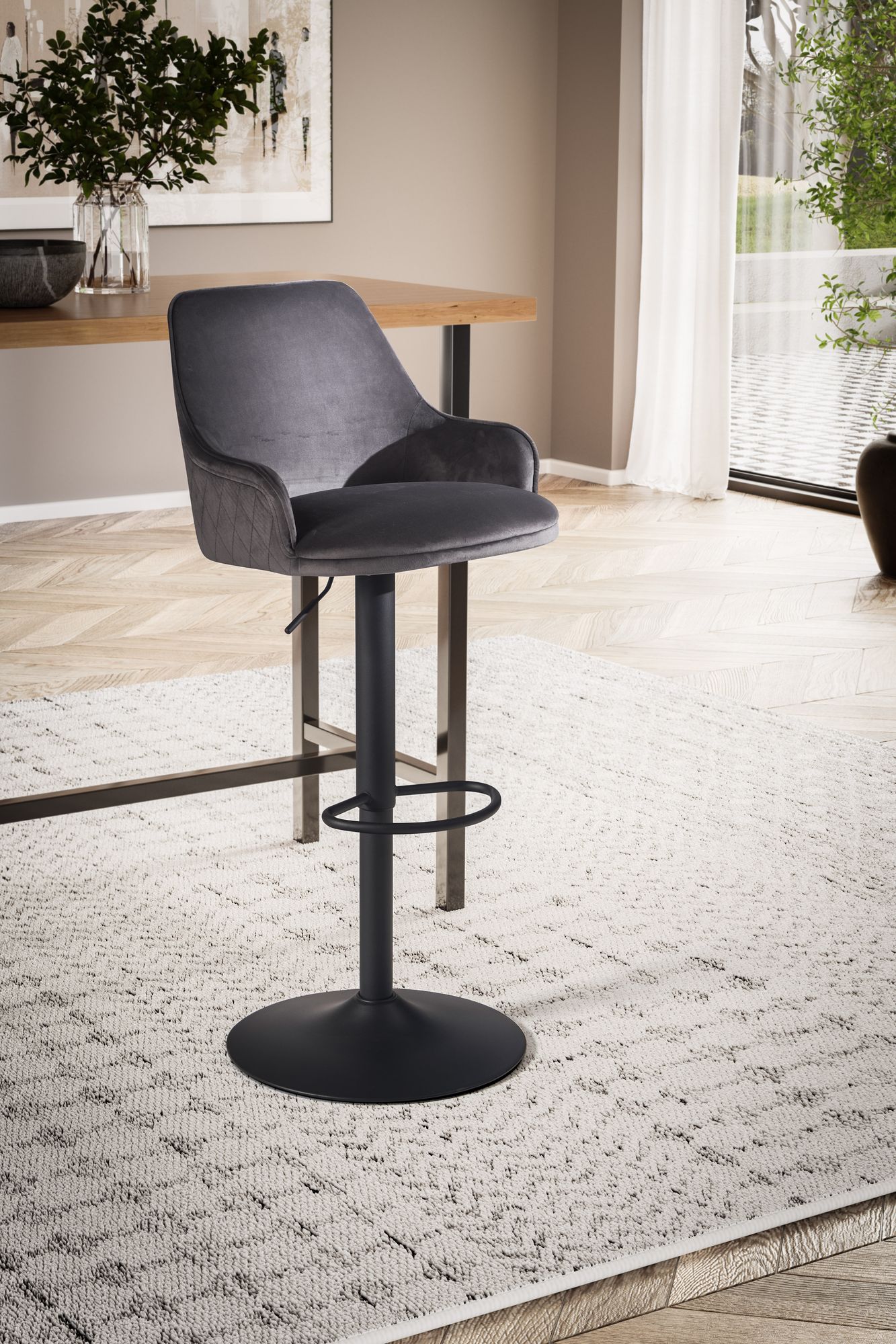 FineBuy Barhocker Samt Hocker mit Lehne 86 - 106 cm, Küchenhocker Höhenverstellbar Modern 100 kg, Barstuhl Tresenhocker mit Metall-Trompetenfuß, Bistrohocker Gepolstert mit Armlehne | Farbe: Schwarz