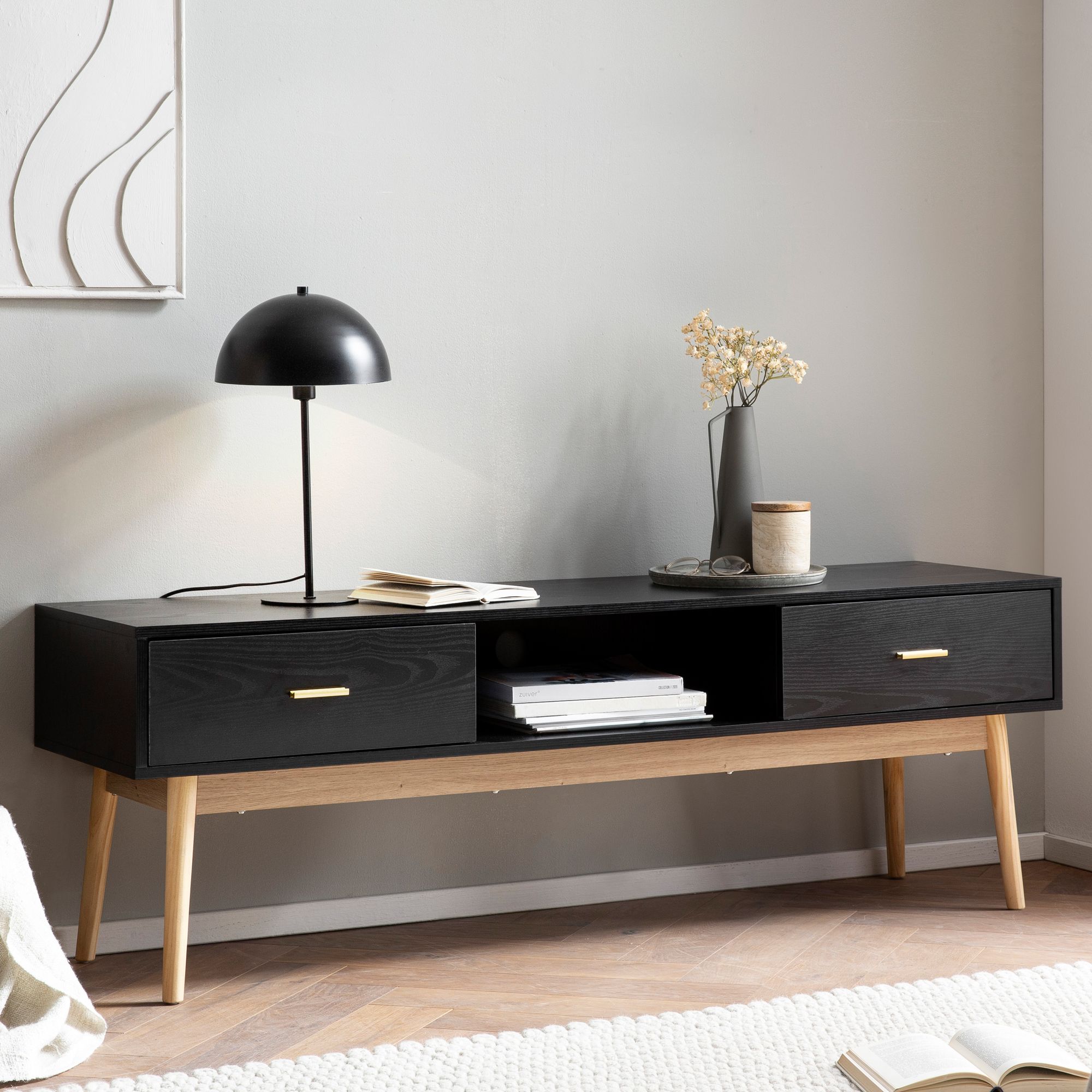 Lowboard FineBuy TV Schrank 150 cm Schwarz Schubladen Fernsehkommode Eiche – Ansicht 1