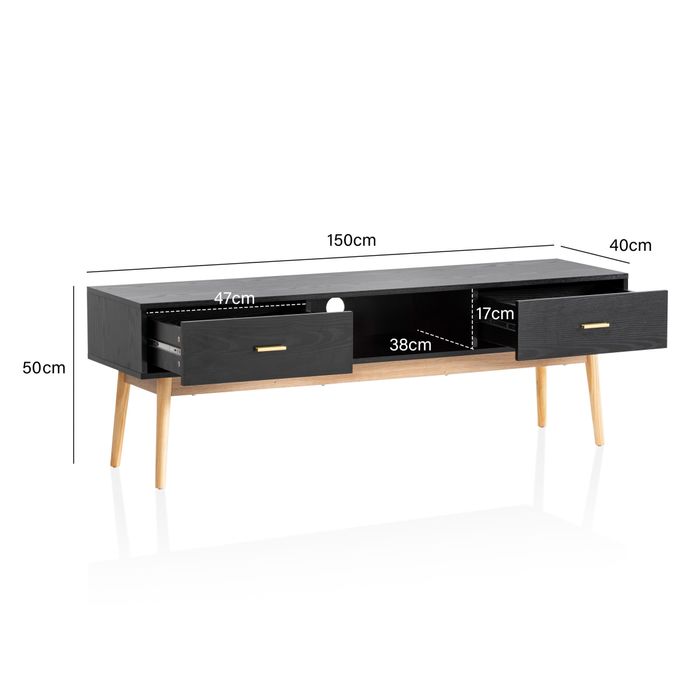 Lowboard FineBuy TV Schrank 150 cm Schwarz Schubladen Fernsehkommode Eiche – Maßzeichnung