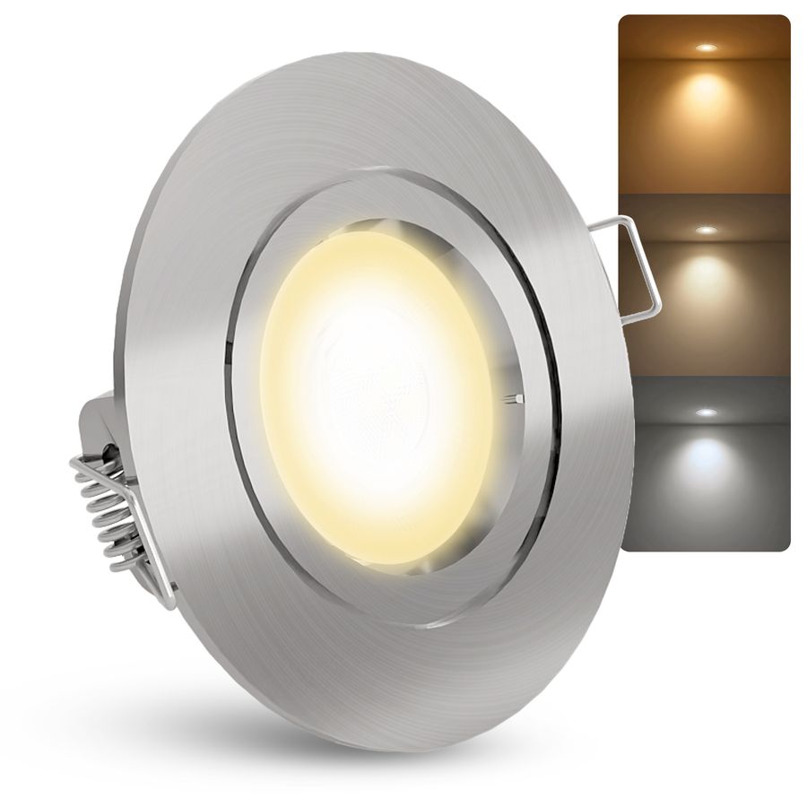 LED Einbaustrahler GU10 6W warmweiß + neutralweiß + tageslicht 230V - Edelstahl Optik gebürstet rund starr LED Einbaustrahler GU10 6W warmweiß + neutralweiß + tageslicht 230V - Edelstahl Optik gebürstet rund starr