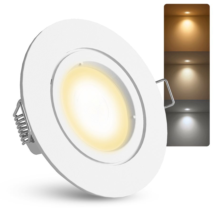 LED Einbaustrahler 6W warmweiß + neutralweiß + tageslicht 230V - Weiß rund starr LED Einbaustrahler 6W warmweiß + neutralweiß + tageslicht 230V - Weiß rund starr