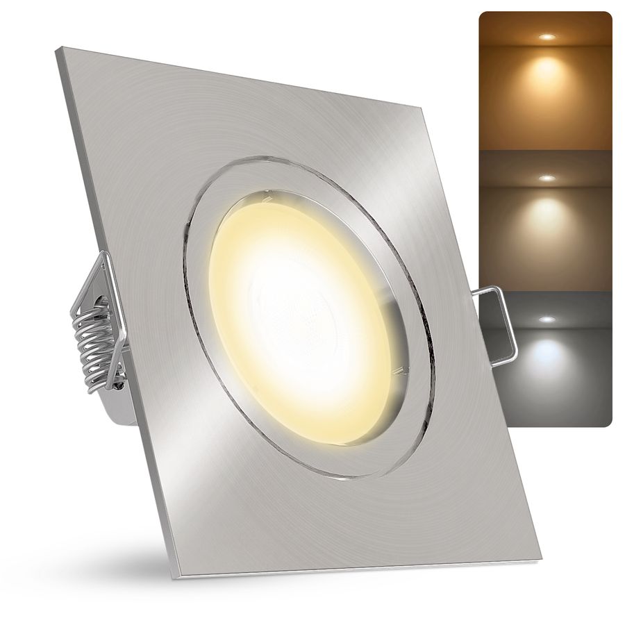 LED Einbaustrahler GU10 LED GU10 6W drei einstellbaren Lichtfarben 3CCT 230V - Edelstahl Optik gebürstet eckig starr LED Einbaustrahler GU10 LED GU10 6W drei einstellbaren Lichtfarben 3CCT 230V - Edelstahl Optik gebürstet eckig starr