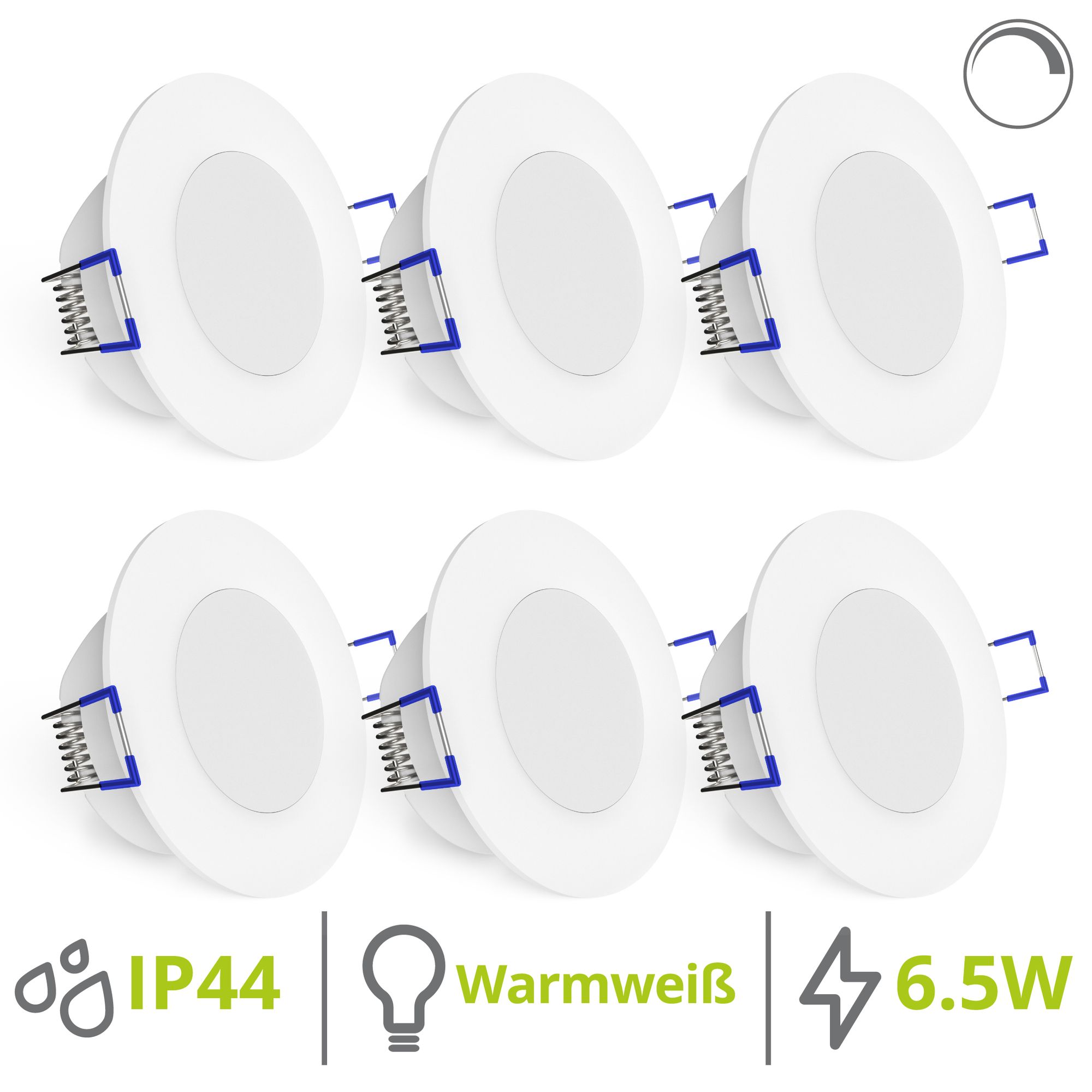 6er Set flache 6,5W 2700K & LED Einbauleuchten 230V dimmbar Bad IP44 linovum | Außen WEEVO