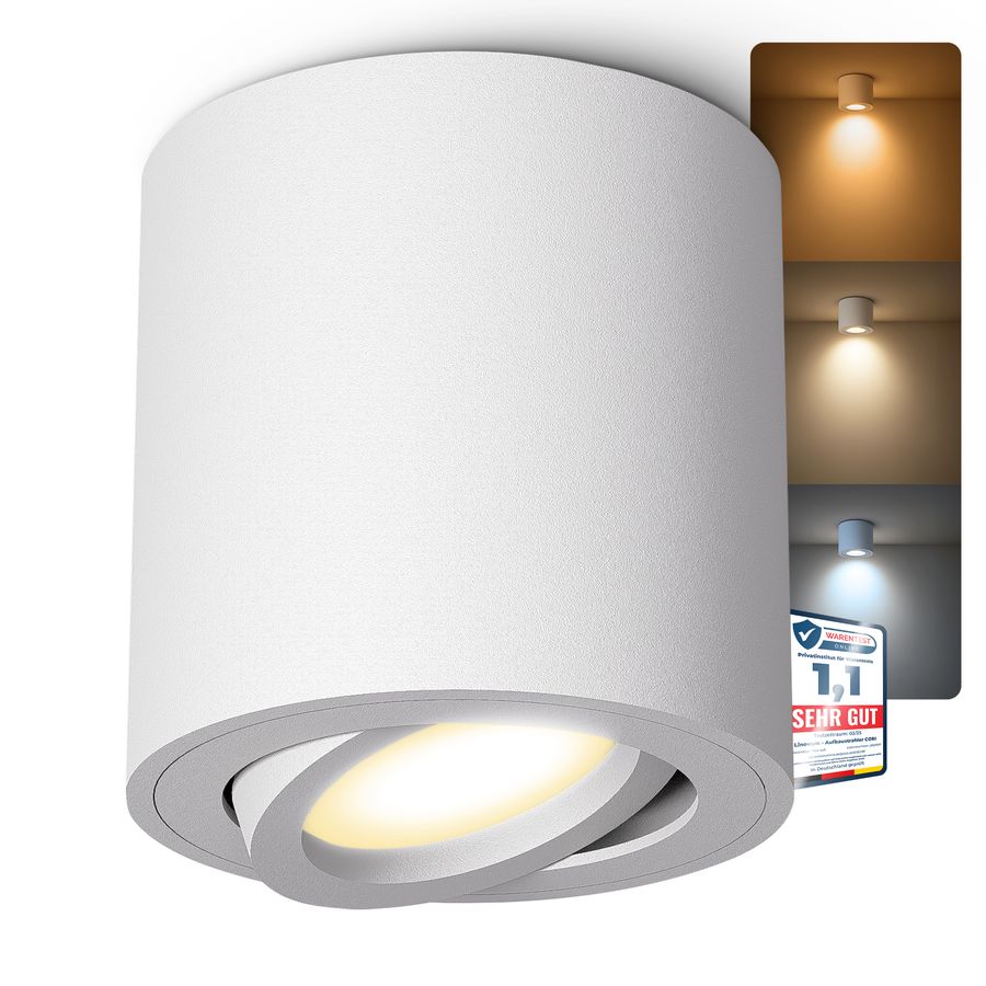 Aufbauleuchte CORI in matt weiß & schwenkbar mit LED GU10 6W drei einstellbaren Lichtfarben 3CCTLeuchtmittel 230V Aufbauleuchte CORI in matt weiß & schwenkbar mit LED GU10 6W drei einstellbaren Lichtfarben 3CCTLeuchtmittel 230V