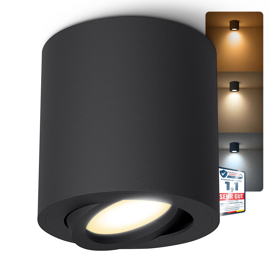 Aufbauleuchte CORI in schwarz & schwenkbar mit LED GU10 6W drei einstellbaren Lichtfarben 3CCT Leuchtmittel 230V Aufbauleuchte CORI in schwarz & schwenkbar mit LED GU10 6W drei einstellbaren Lichtfarben 3CCT Leuchtmittel 230V