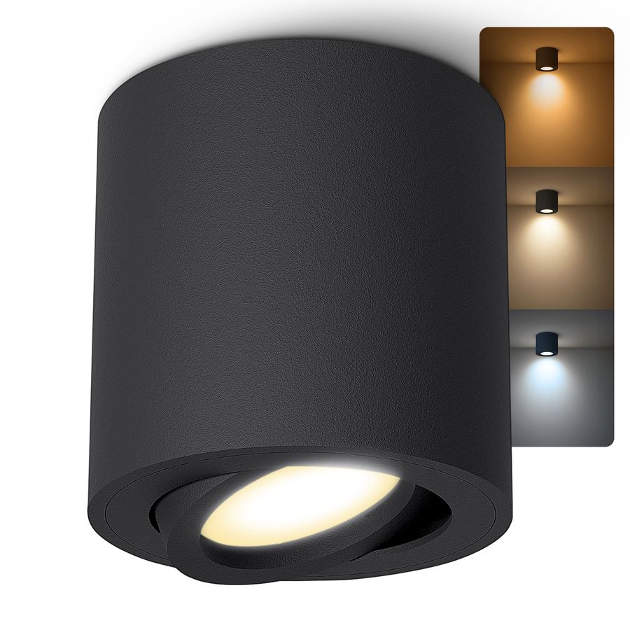 Aufbauleuchte CORI in schwarz & schwenkbar mit LED GU10 6W drei einstellbaren Lichtfarben 3CCT Leuchtmittel 230V Aufbauleuchte CORI in schwarz & schwenkbar mit LED GU10 6W drei einstellbaren Lichtfarben 3CCT Leuchtmittel 230V