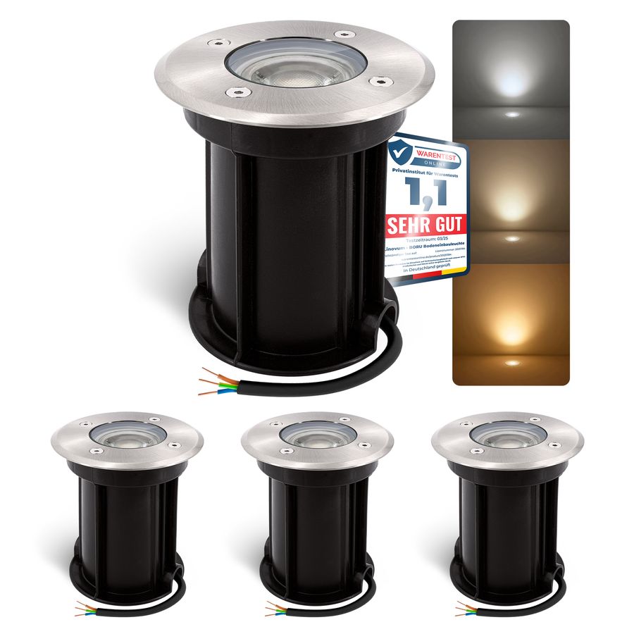 4er Set BORU Bodeneinbaustrahler LED  mit LED GU10 6W LumiFLEX Lichtfarbe warm / neutral / kalt - Spot IP67 rund befahrbar 4er Set BORU Bodeneinbaustrahler LED  mit LED GU10 6W LumiFLEX Lichtfarbe warm / neutral / kalt - Spot IP67 rund befahrbar