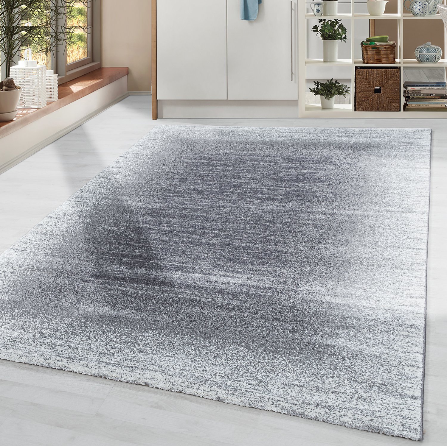 Pelo Corto Alfombra Salón Diseño Moderno Bordura Claro Suave Flor Crema