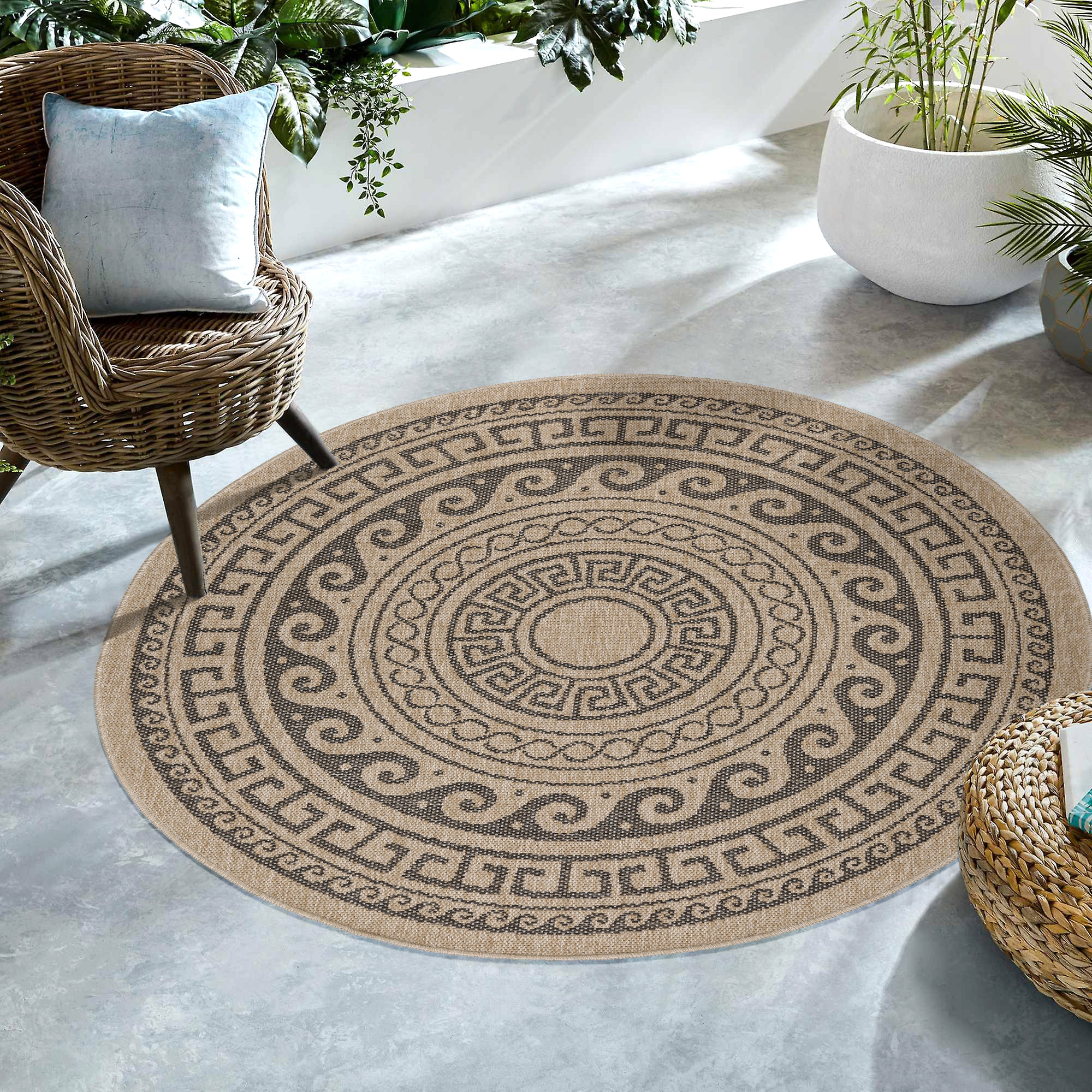 Runder Outdoor Teppich Vintage Design Naturfarben für Te...