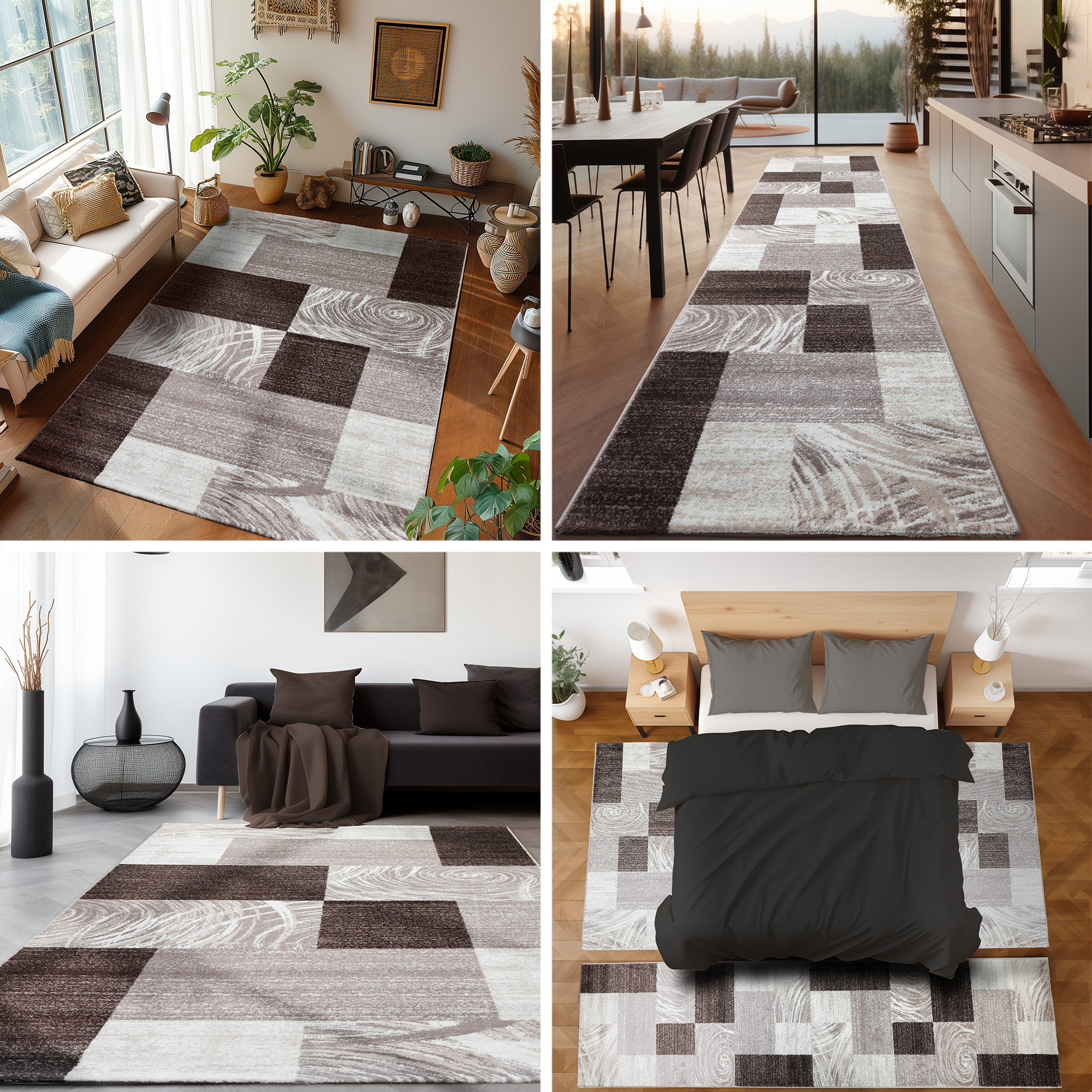VIMODA Teppich Kurzflor Modern Kariert Retro Geometrisches Muster Meliert Braun Beige Für Wohnzimmer, Schlafzimmer, Maße:80 X 300 Cm