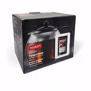 Bodum Assam Teekanne 1 Liter mit Edelstahl Filter & 100g English Breakfast Tee