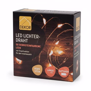 DEKOR Lichter draht 50 LEDs Bern stein farben 5m mit Timer Batteriebetrieben