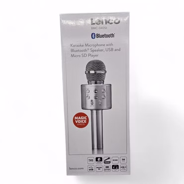 Lenco Karaoke Mikrofon BMC-040SI Bluetooth Lautsprecher USB Micro SD Echo Silber