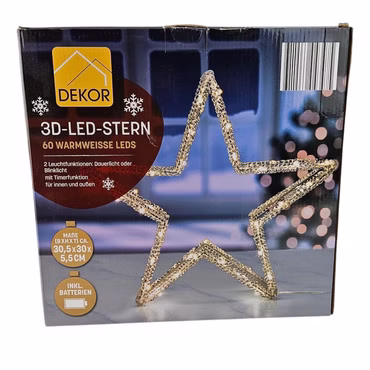 DEKOR 3D LED Stern 60 warmweiße LEDs Batterie betrieben Timer Innen Außen