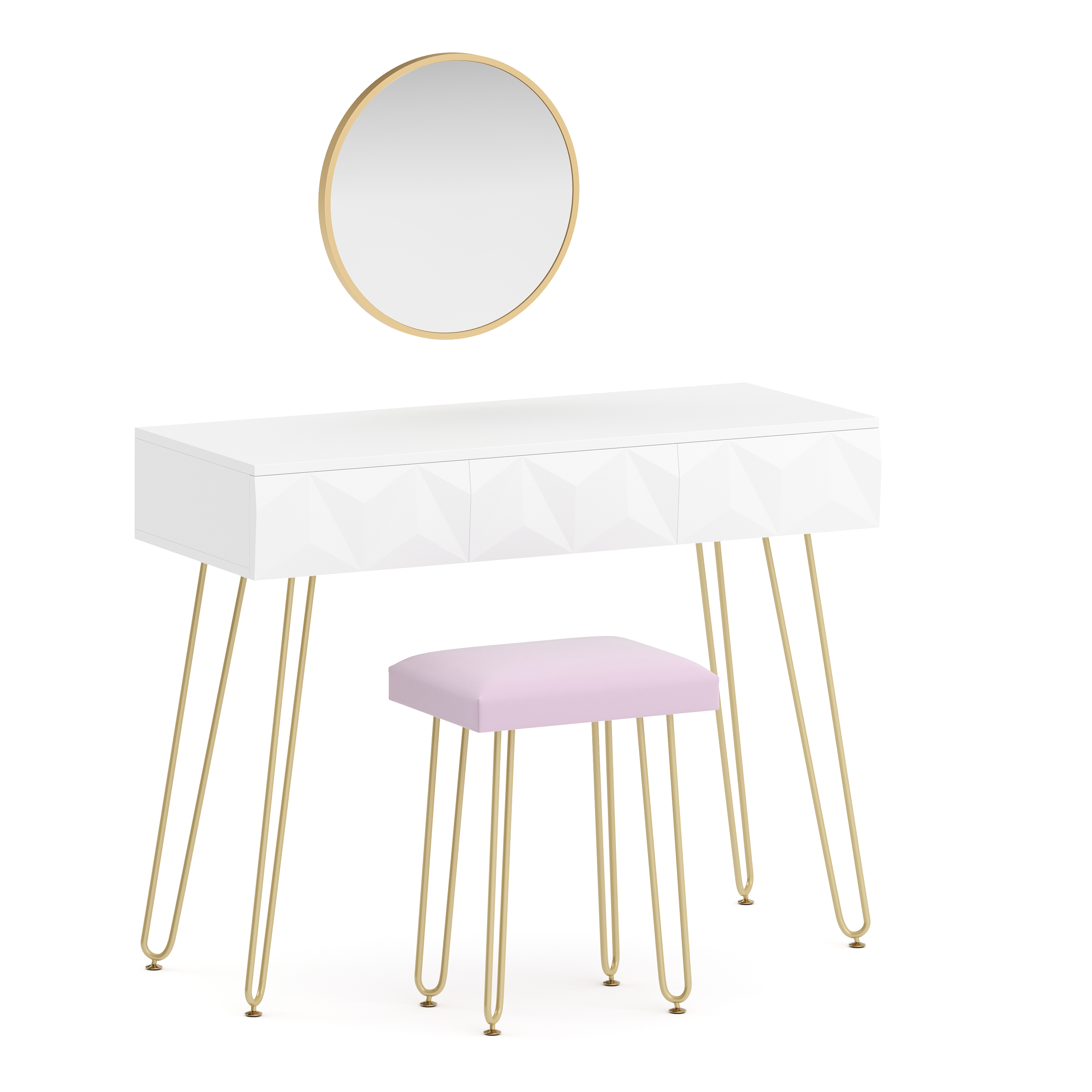 Schminktisch mit Hocker und Spiegel ELEONORA 100 x 40 cm weiss/gold/rosa