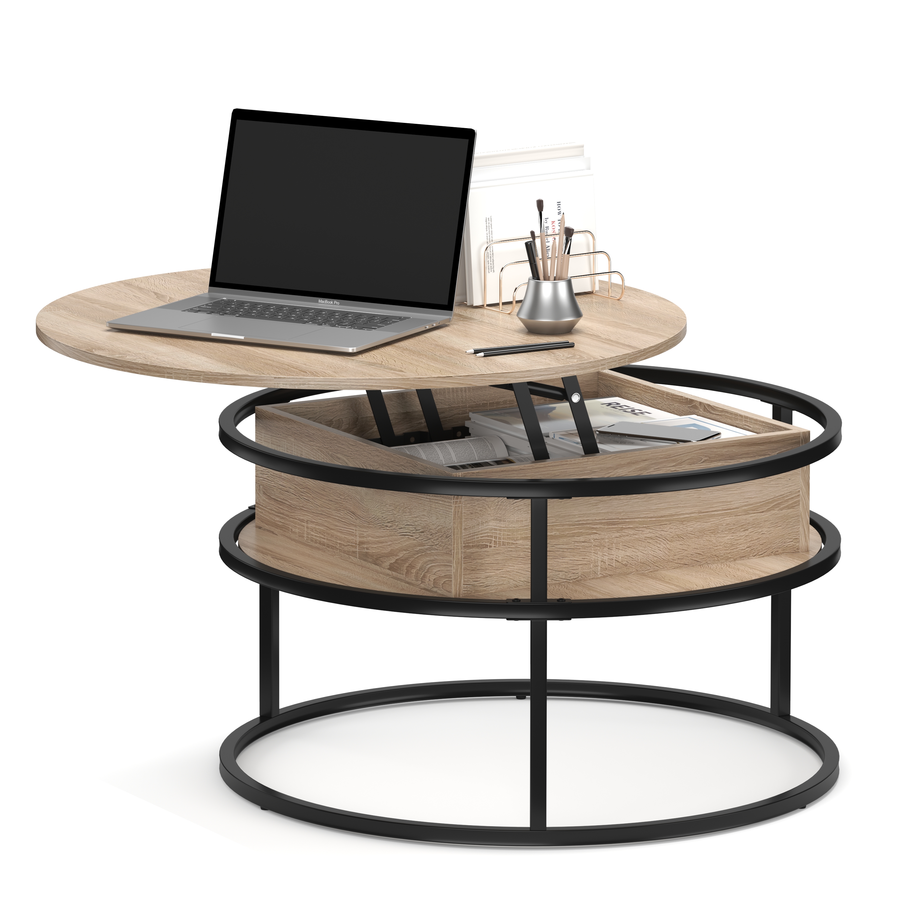 Image of Beistelltisch FLEXORA rund mit Stauraum 80 x 47 - 62 cm braun