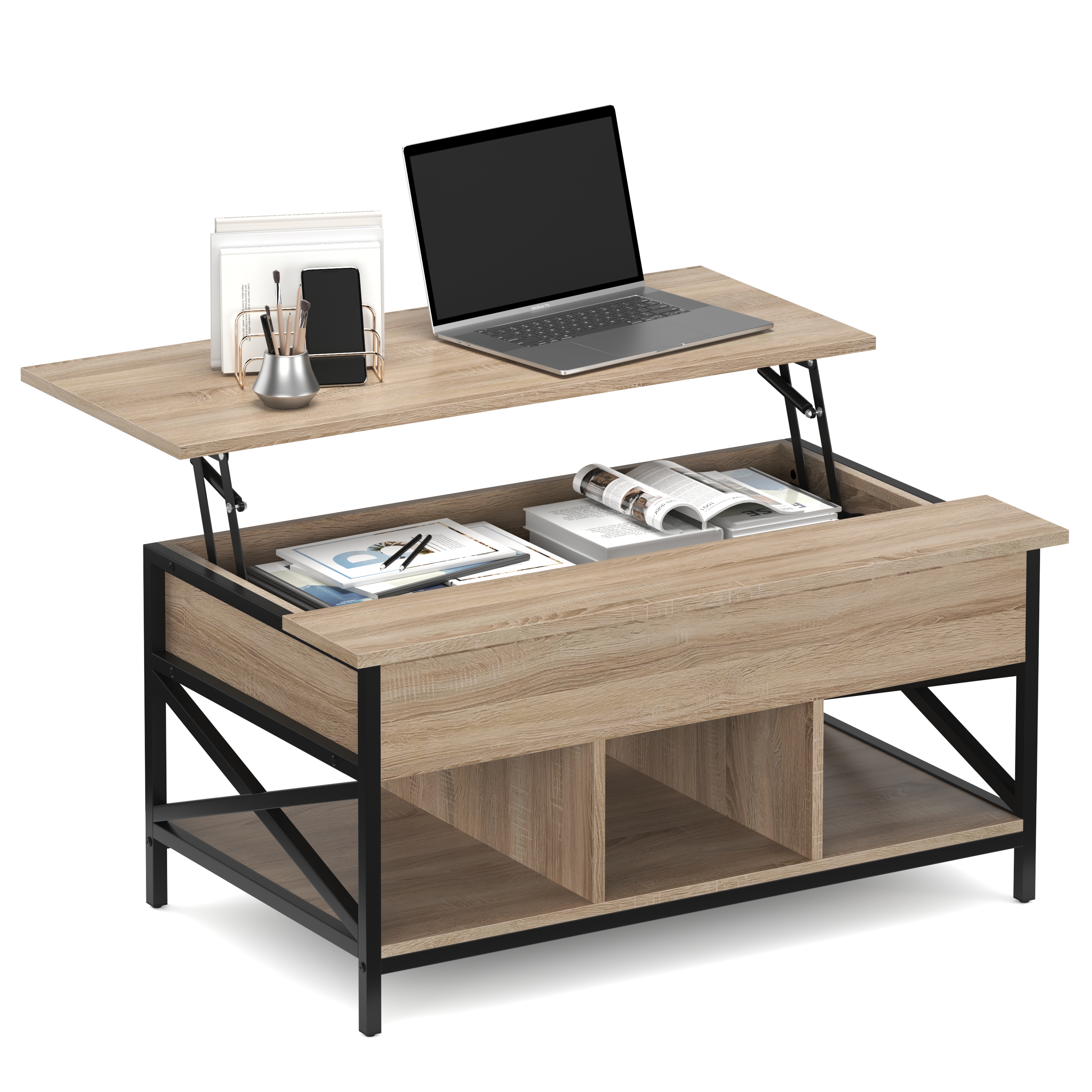 Beistelltisch WOODORA mit Stauraum 100 x 60 x 48 – 62 cm braun