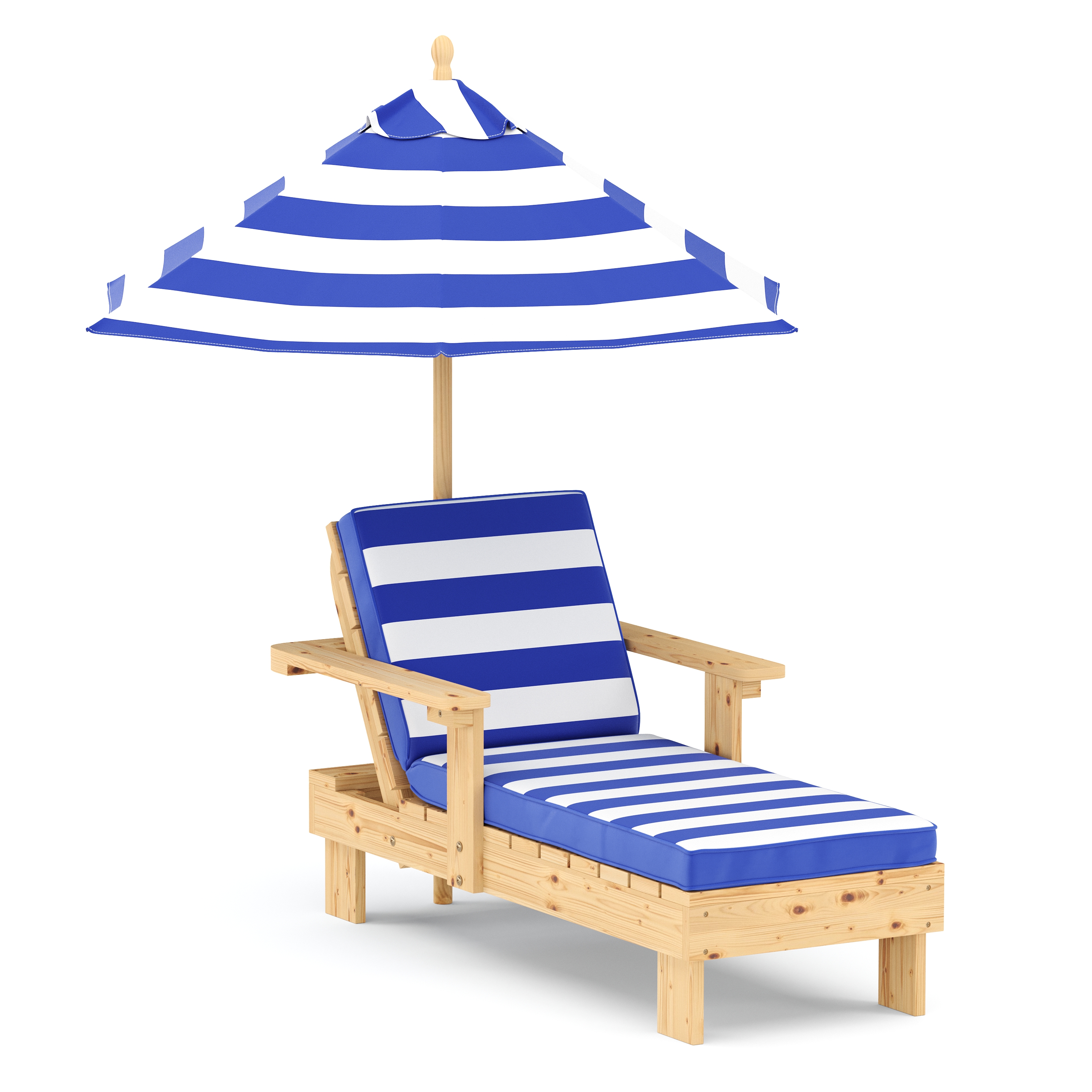 Kinderliegestuhl Holz mit Schirm weiss/blau