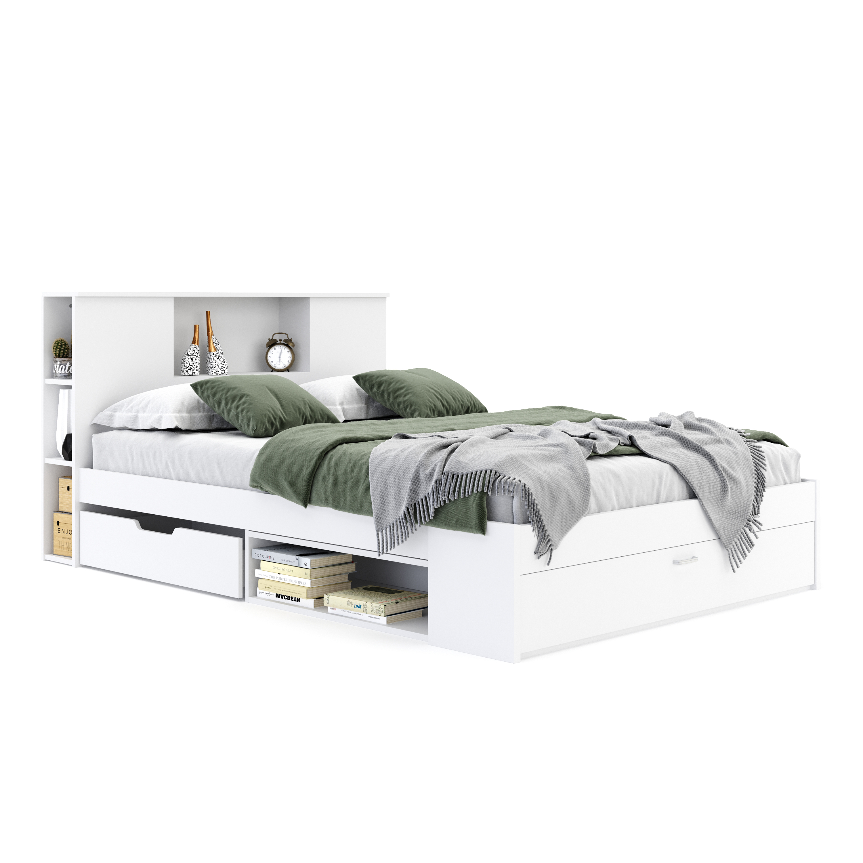 Image of Bett Holz MADELYN mit Stauraum und Schublade 140 x 200 cm weiss