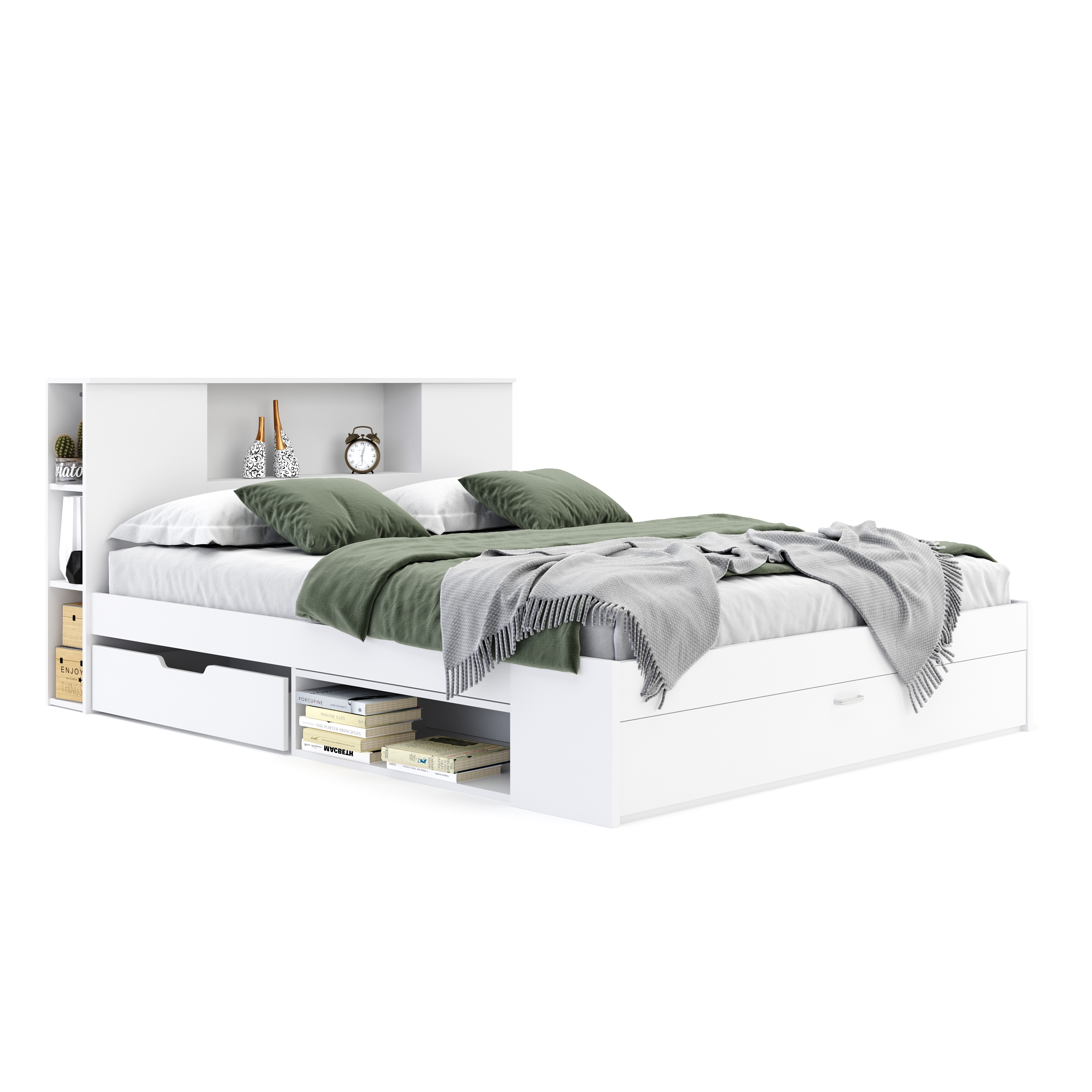 Bett Holz MADELYN mit Stauraum und Schublade 160 x 200 cm weiss
