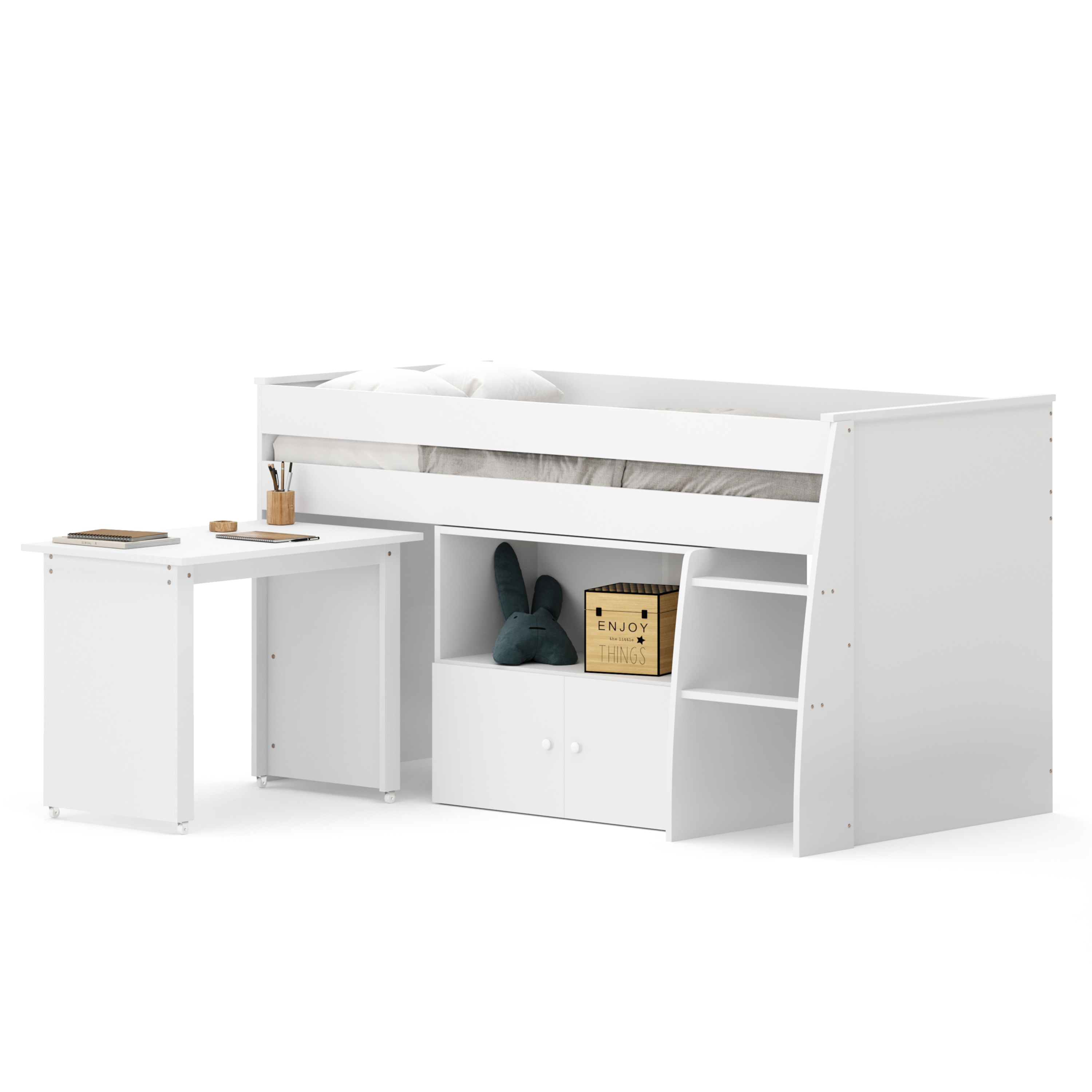 Hochbett Holz STANLEY mit Schreibtisch und Kommode 90 x 200 cm weiss