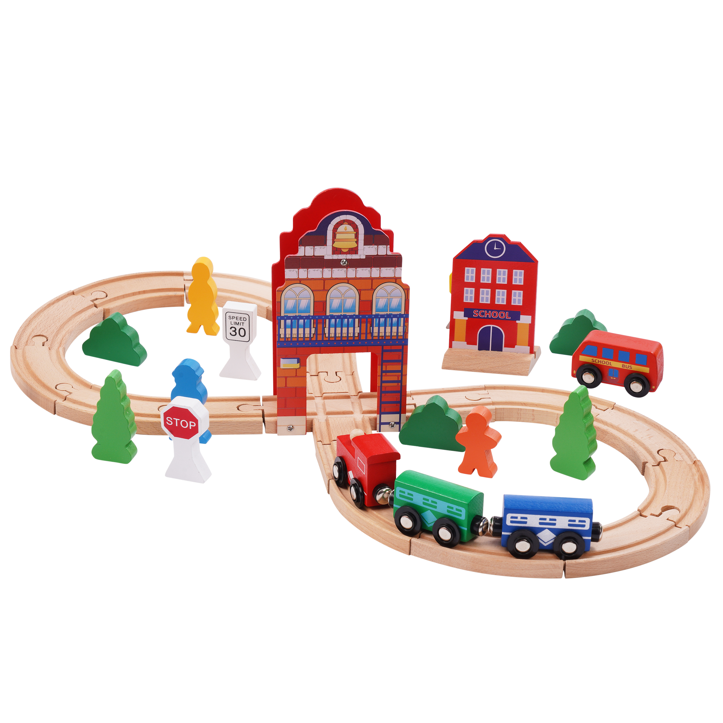 Holzeisenbahn 35-teilig bunt/natur