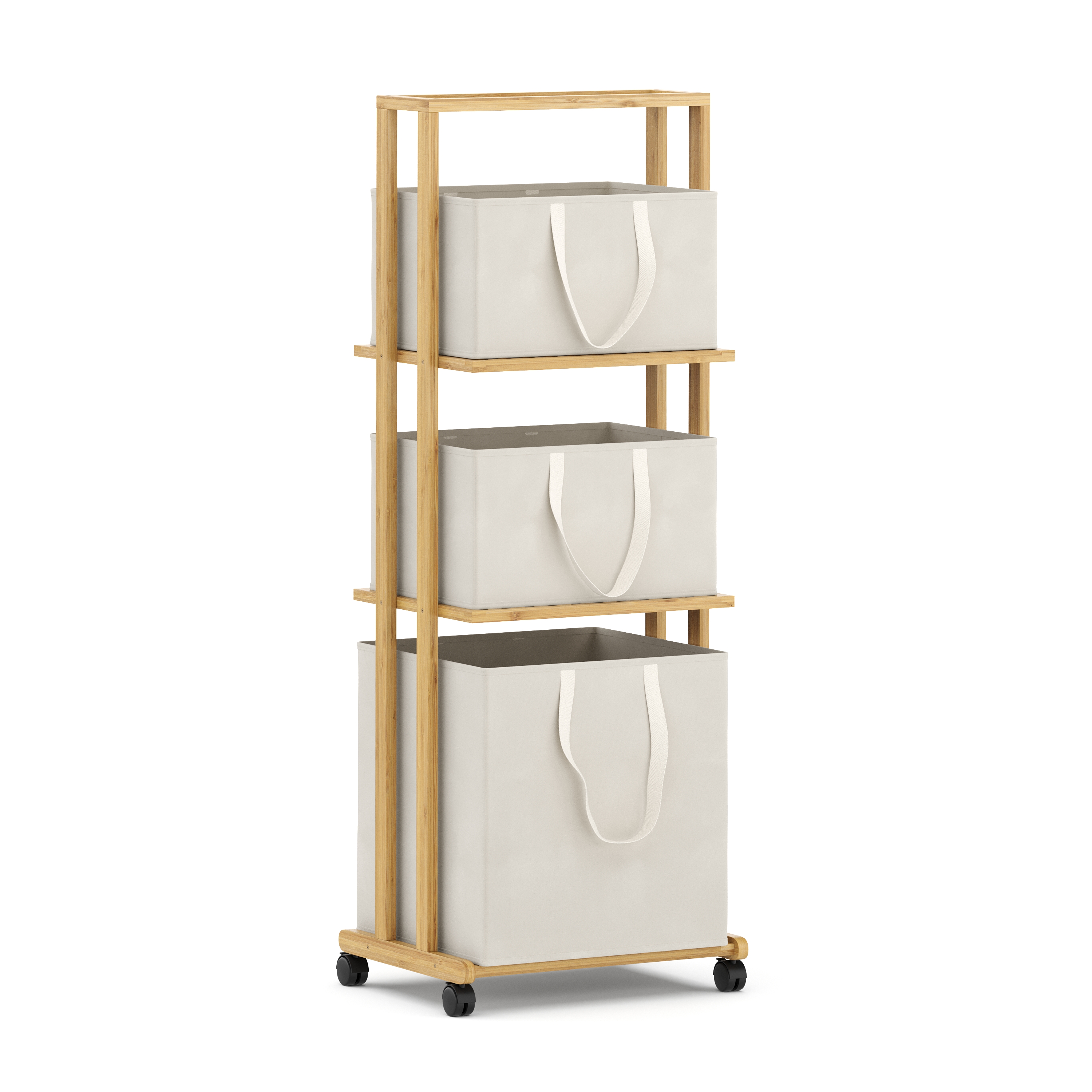 Badezimmerregal Wäschekorb Bambus auf Rollen 3 Fächer 110L