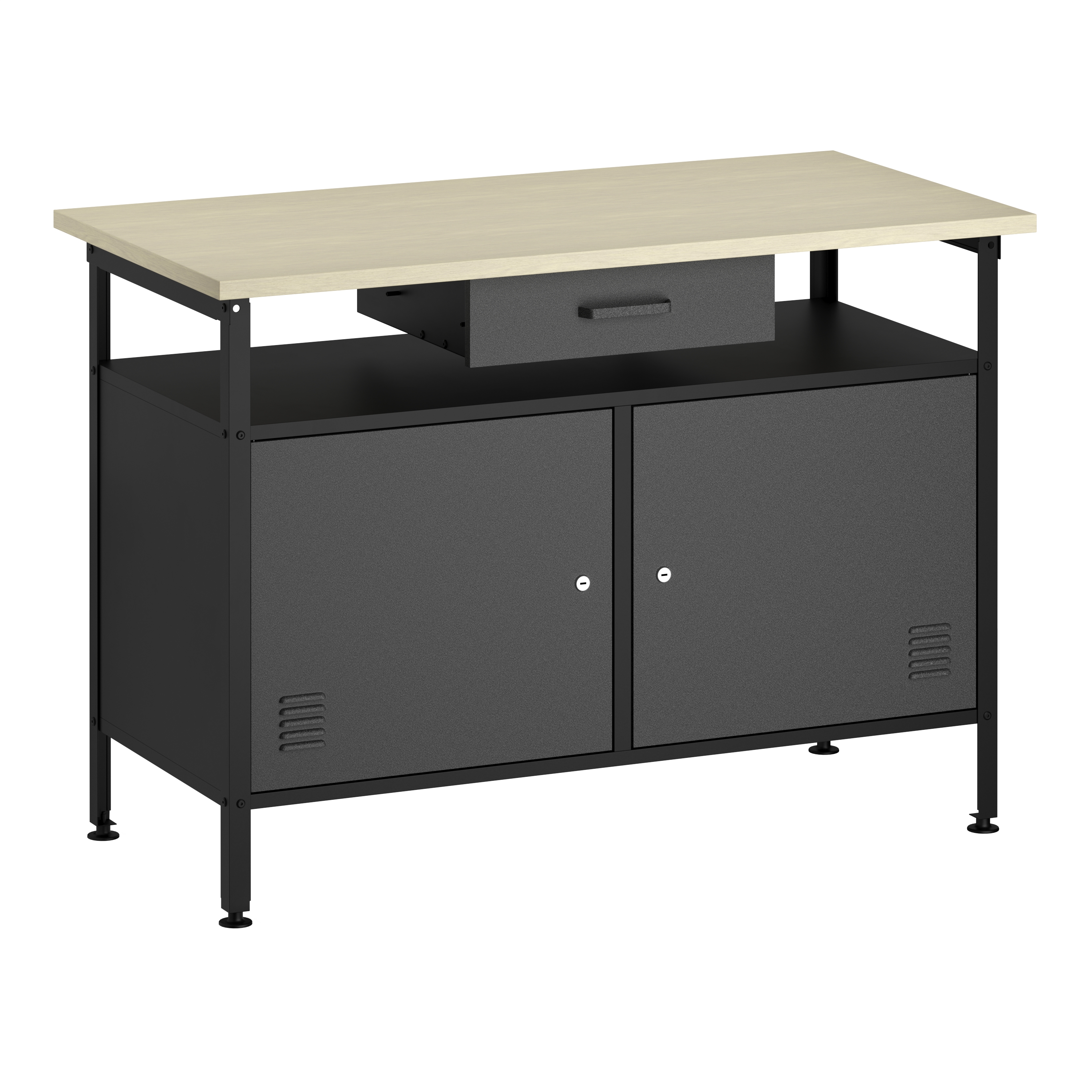 Werkbank MAKSIMUS 2 Türen 1 Schublade 120 x 60 cm anthrazit/schwarz/natur