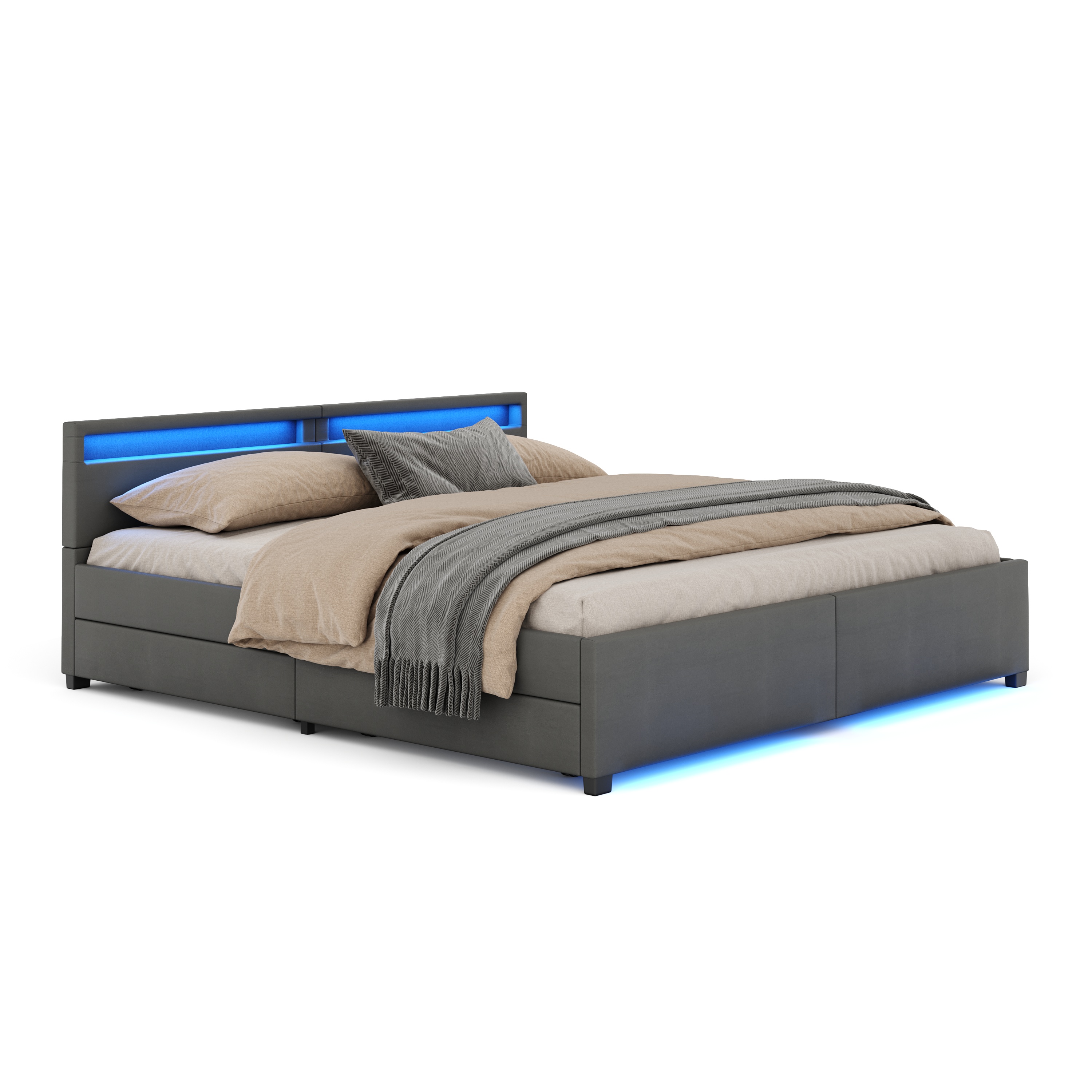 Lederbett LED LUNARA 200 x 200 cm anthrazit